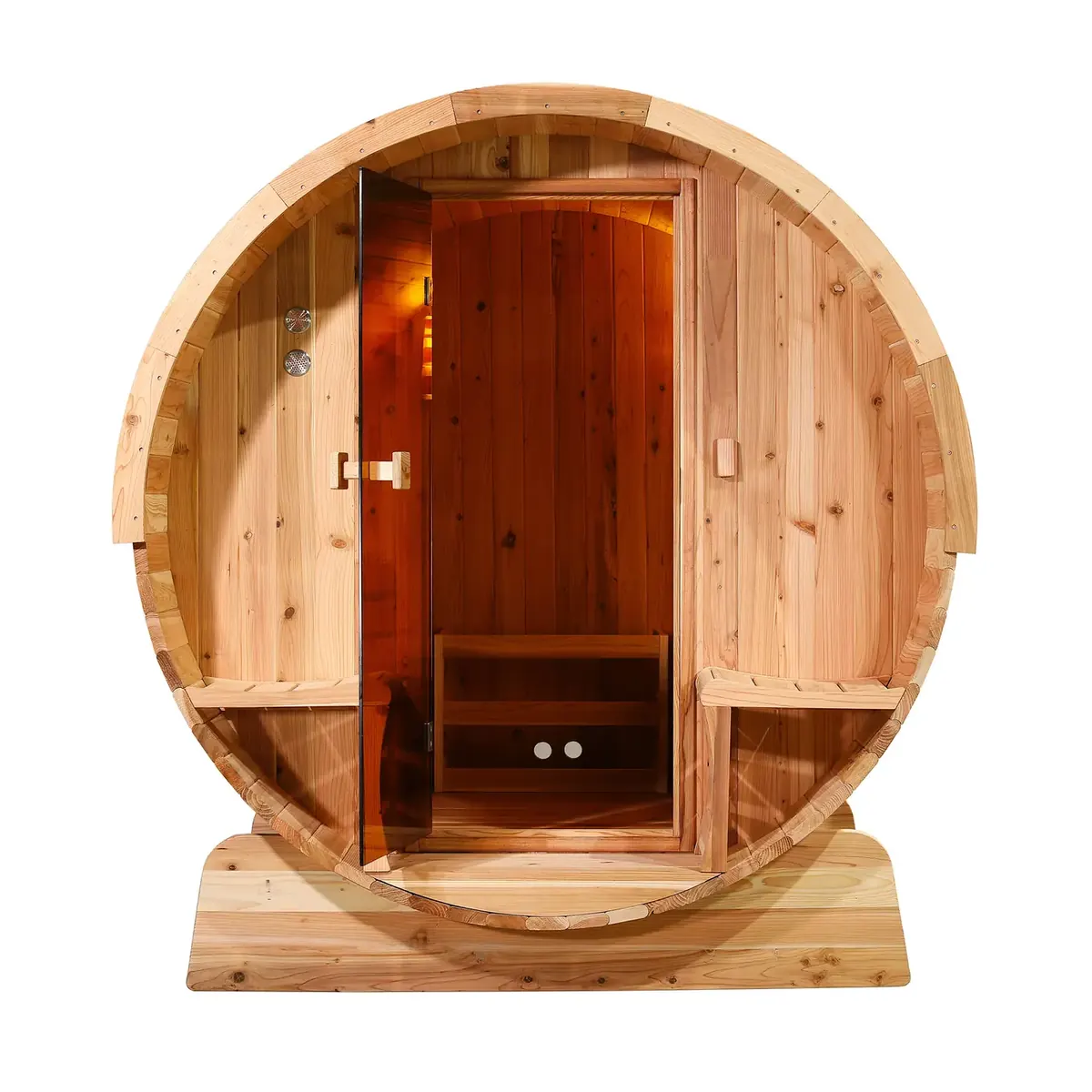 Sauna extérieur tonneau en bois vue 01